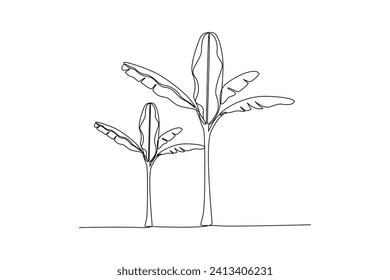 Continuous one line drawing of green trees of old banan garden. Eco natural symbol hand drawn minimalist concept. Modern single line draw design vector graphic illustration