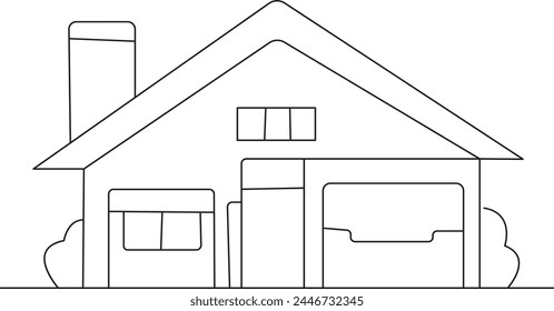 Continuous one line drawing of green little house with garden trees at village. 