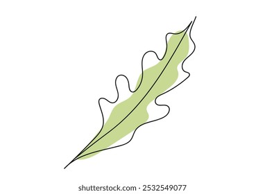 Desenho contínuo de uma linha de folha verde isolada sobre fundo branco. Linhagem. Conceito de natureza, ecologia, formas orgânicas, Arte Botânica, esboço. Folha de dente de leão. Elemento de design, impressão, ícone