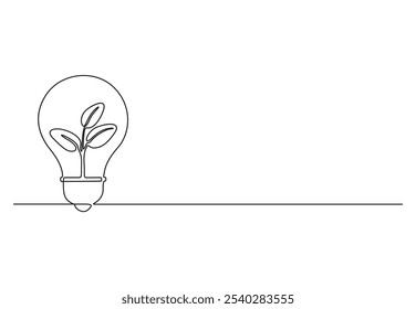 Continuous one line drawing of green plant in light bulb. Green energy concept. Vector illustration