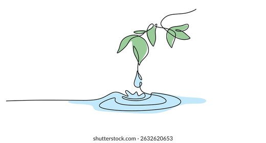 Continuous One Line Drawing Green Plant Water Drops. Nature Hydration Freshness Symbol. Eco Element.