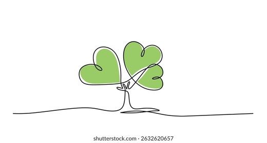 Continuous One Line Drawing Green Plant Heart Leaves. Natural Love Environment Icon. Eco Friendly Growth.