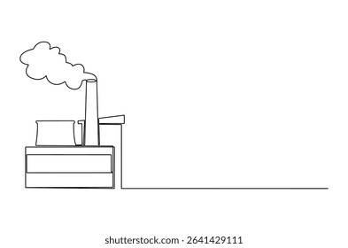 Continuous one line drawing of Green factory building. Single line drawing illustration of Factory building. Modern industrial building concept vector art. Doodle line illustration.