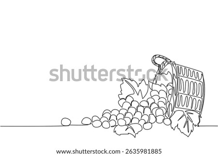 Continuous one line drawing green grapes with leaves in wicker basket and scattered grapes. The harvest is blessed with abundant result. National Grape Day. Single line draw design vector illustration
