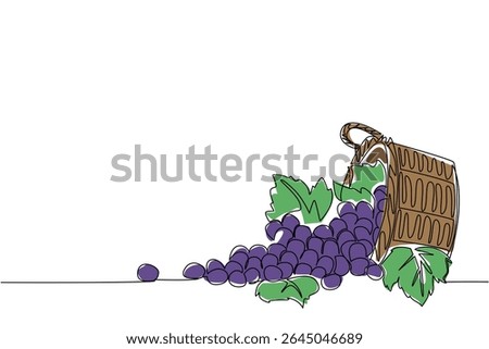 Continuous one line drawing green grapes with leaves in wicker basket and scattered grapes. The harvest is blessed with abundant result. National Grape Day. Single line draw design vector illustration