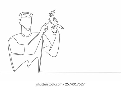 Continuous one line drawing grey cockatiel perched on hand of man. Beautiful bird with a tame and calm nature. The obedient little parrot. Man Holding Bird. Single line draw design vector illustration