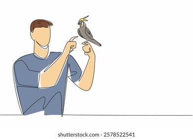 Continuous one line drawing grey cockatiel perched on hand of man. Beautiful bird with a tame and calm nature. The obedient little parrot. Man Holding Bird. Single line draw design vector illustration