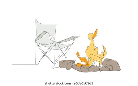 Continuous one line drawing of grey chair near bonfire at night. Linear fireplace in camping. Leisure travel time concept. Hand made vector not Al