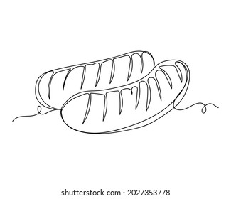 Continuous one line drawing of grill sausages icon in silhouette on a white background. Linear stylized.Minimalist.