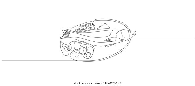 Continuous one line drawing of grilled salmon fish on plate. Roasted seafood dish with lemon and vegetables in simple linear style on top view. Editable stroke. Outline Vector illustration