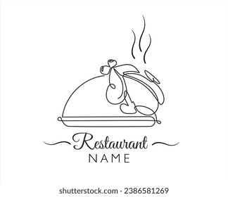 Continuous one line drawing of grilled chicken with metal dish and cover. Food restaurant logo design. 