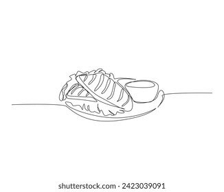 Continuous one line drawing of grilled steak on plate. Grilled steak on plate single outline vector illustration. Editable stroke.