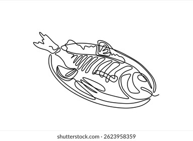 Continuous one line drawing of grilled fish on plate. Roasted seafood dish with lemon and vegetables in simple linear style for restaurant menu. Editable stroke. Doodle Vector illustration
