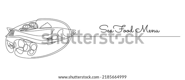 Continuous one line drawing of grilled\
salmon fish on plate. Roasted seafood dish with lemon and\
vegetables in simple linear style for restaurant menu. Editable\
stroke. Doodle Vector\
illustration