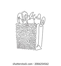 Bolsa de comestibles de una línea continua con verduras. Paquete de papel con productos agrícolas y frutas. Bolsa de papel con estilo de rizo giratorio. ilustración vectorial de diseño de línea única