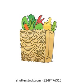 Continuous one line drawing grocery bag with vegetables. Paper package with agricultural products and fruits. Paper bag in swirl curl style. Single line draw design vector graphic illustration