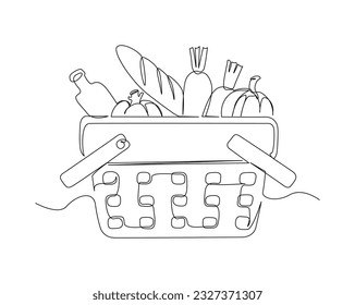 Continuous one line drawing of Grocery basket. Vegetables, fruits and bread in the grocery baske. Grocery food basket  line art vector illustration.  Editable stroke.