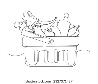 Continuous one line drawing of Grocery basket. Vegetables, fruits and bread in the grocery baske. Grocery food basket  line art vector illustration.Editable stroke.