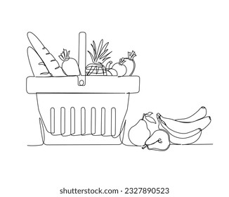 Continuous one line drawing of Grocery basket. Vegetables, fruits and bread in the grocery basket. Grocery food basket  line art vector illustration. Editable stroke.