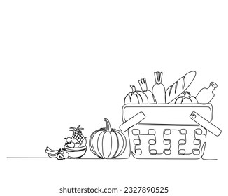 Continuous one line drawing of Grocery basket. Vegetables, fruits and bread in the grocery basket. Grocery food basket  line art vector illustration. Editable stroke.