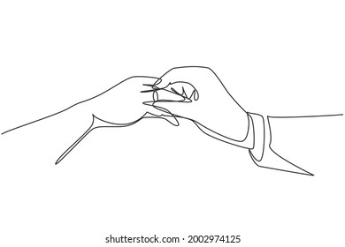 Continuous one line drawing groom putting ring on bride's finger during wedding ceremony. Bride and groom make vow of loyalty on their wedding day. Single line draw design vector graphic illustration