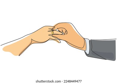 Continuous one line drawing groom putting ring on bride's finger during wedding ceremony. Bride and groom make vow of loyalty on their wedding day. Single line draw design vector graphic illustration