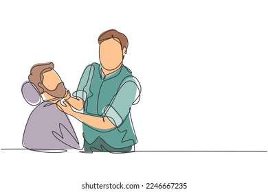 Dibujo continuo de una línea de la preparación de un hombre real. Vista lateral de un joven barbudo que se corta la barba en una peluquería mientras está sentado en una silla en la barbería. Gráfico vectorial de diseño de trazos de línea única