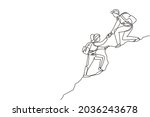 Continuous one line drawing group of people man woman helping each other hike up a mountain. Business, success, leadership, achievement and goal concept. Single line draw design vector illustration