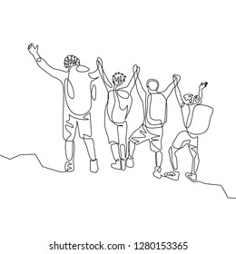 Continuous one line drawing group of travelers with hikings backpacks reach the goal. Teamwork concept