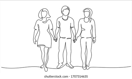 Continuous One Line Drawing. Group Of People Holding Hands Together. Teamwork Concept Vector Illustration