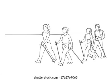 Continuous one line drawing. Group of people walks on foot with walking sticks. Nordic walking. Vector illustration. Black line art