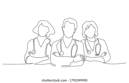 Continuous one line drawing. Group team of doctors therapist. Minimalistic design of medical people. Vector illustration isolated on white background.