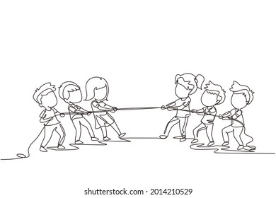 Continuous One Line Drawing Group Of Children Playing Tug Of War. Kids Playing Tug Of War At Park. Girls And Boys Pull Rope, Outdoor Child Games. Single Line Draw Design Vector Graphic Illustration