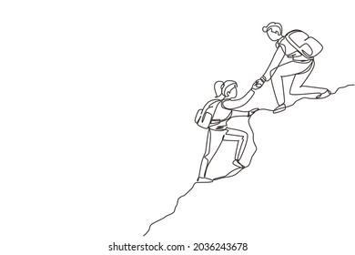 Continuous one line drawing group of people man woman helping each other hike up a mountain. Business, success, leadership, achievement and goal concept. Single line draw design vector illustration