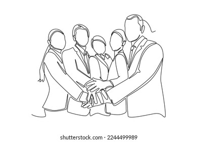 Continuous one line drawing group of happy businessman and woman unite their hands together form Stack of hands. Team work concept. Single line draw design vector graphic illustration.