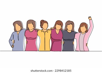 Continuous one line drawing group of women are hugging. Female together. Happy friendship day with diverse friends of people hugging together to celebrate special event. Single line draw design vector