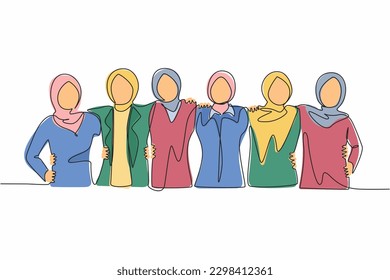 Continuous one line drawing group of Arabian women hugging. Female together. Happy friendship day with diverse friends of people hugging together to celebrate special event. Single line design vector