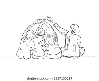 Continuous one line drawing group of friends illustration. Vector illustration.