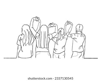 Continuous one line drawing group of friends illustration. Vector illustration.