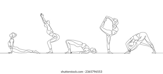 Continuo grupo de dibujo de una línea de mujeres haciendo yoga. Ejercicio femenino deportivo aeróbico. Ilustración de vectores