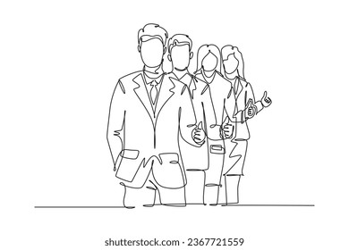 Continuous one line drawing group of line up young happy businessmen standing up together and giving thumbs up gesture. Business teamwork concept. Single line draw design vector graphic illustration