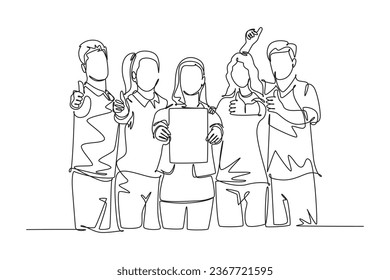 Continuous one line drawing group of young happy entrepreneur shows award certificate and giving thumbs up gesture together. Business achievement. Single line draw design vector graphic illustration