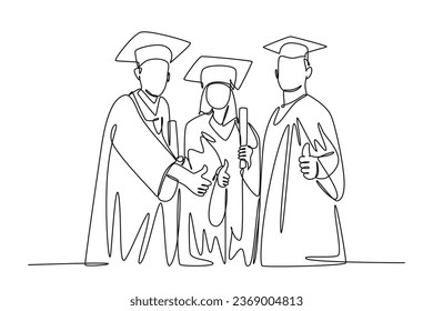 Continuous one line drawing group of young happy graduate male and female college student wearing gown, giving thumbs up gesture. Education concept. Single line draw design vector graphic illustration