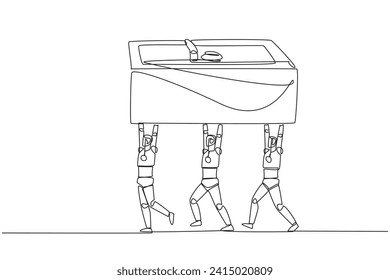 Continuous one line drawing a group of robots work together carrying safe deposit box. Take part in securing important things. Security robots. Technology. Single line draw design vector illustration