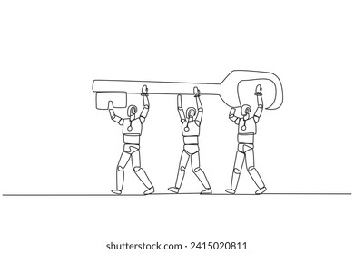 Continuous one line drawing group of robots work together carrying the key. Artificial intelligence is able to find out the password to open access. Tech. Single line draw design vector illustration