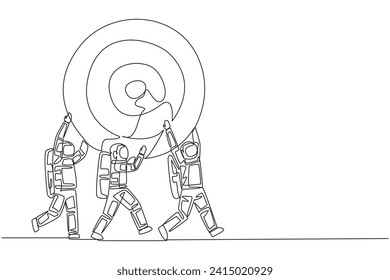 Continuous one line drawing group of astronauts work together carrying arrow target board. Focus on achieving successful space expedition mission. Spaceman. Single line draw design vector illustration