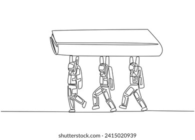 Continuous one line drawing a group of astronauts work together carrying a book. Interesting story of a space expedition. Memory. Cosmonaut. Outer space. Single line draw design vector illustration