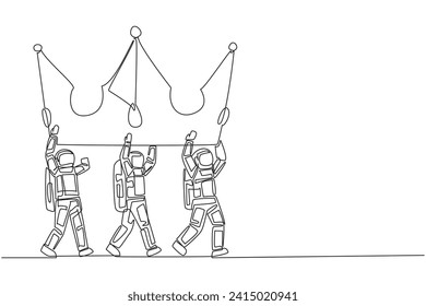 Kontinuierlich eine Linie zeichnen eine Gruppe von Astronauten arbeiten zusammen, um Kronen zu tragen. Königliches Symbol. Luxuriös. Throne. Reich. Jahrgang. Weltraum. Vektorgrafik-Design für einzelne Linien