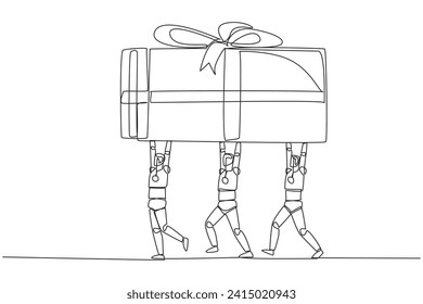 Continuous one line drawing group of robots work together to carrying gift box. The smartest robot. Successful artificial intelligence. Present. Technology. Single line draw design vector illustration