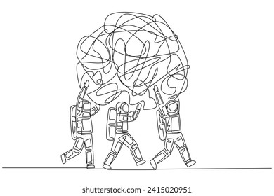 Continuous one line drawing group of astronauts work together carrying heavy messy circle. Entertain. Eliminates anxiety. No stress. Cosmonaut outer space. Single line draw design vector illustration